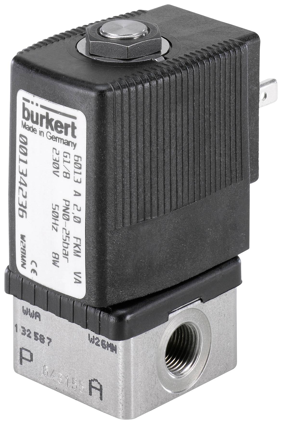 Ventil značky Bürkert, model 00134236, s technickými údaji: 230V, 50Hz, PN0-25bar, kryt z kovu a plastu.