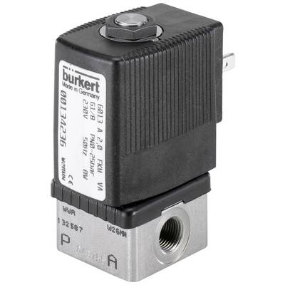 Obdélníkový elektromagnetický ventil s černým krytem a šedou kovovou základnou, označený technickými specifikacemi a názvem výrobce.