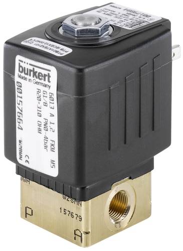 Elektrický ventil s černým pouzdrem a zlatým připojením od společnosti Burkert, vyrobený v Německu, s modelovým číslem 6013.
