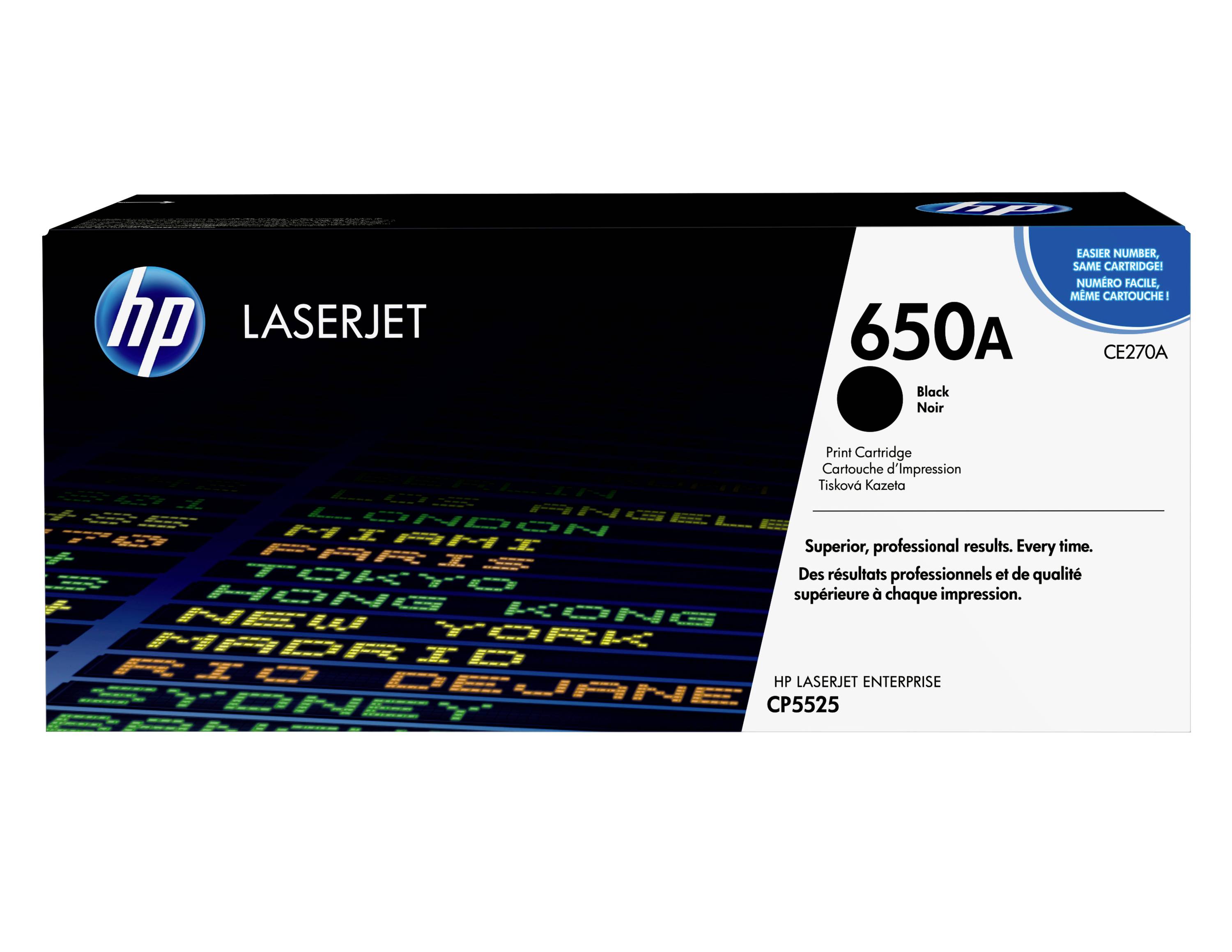 HP LaserJet 650A černá tonerová kazeta, model CE270A, pro tiskárny LaserJet Enterprise CP5525.