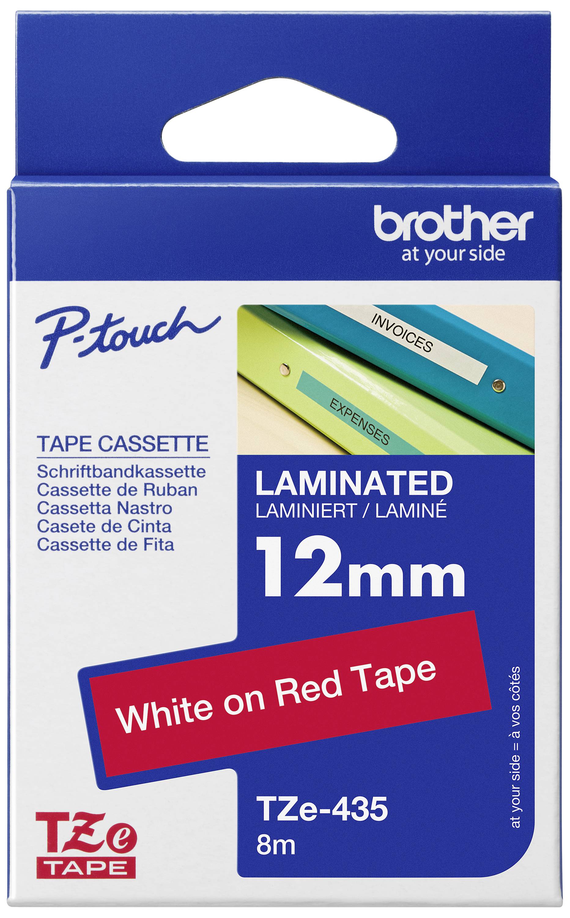 Obrázek zobrazuje kazetu se štítkovací páskou Brother P-touch. Páska je 12 mm široká, laminovaná a má bílý tisk na červeném podkladu.