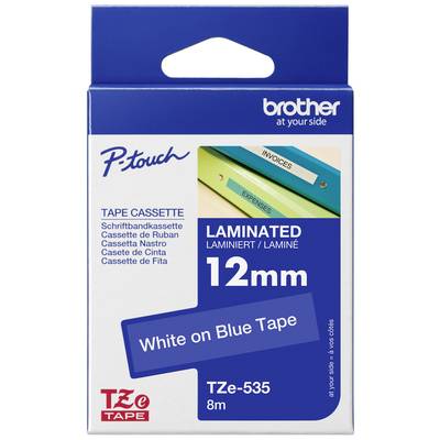 Kazeta se štítkovací páskou Brother P-touch, laminovaná, 12mm, bílý tisk na modrém pásku, délka 8m.