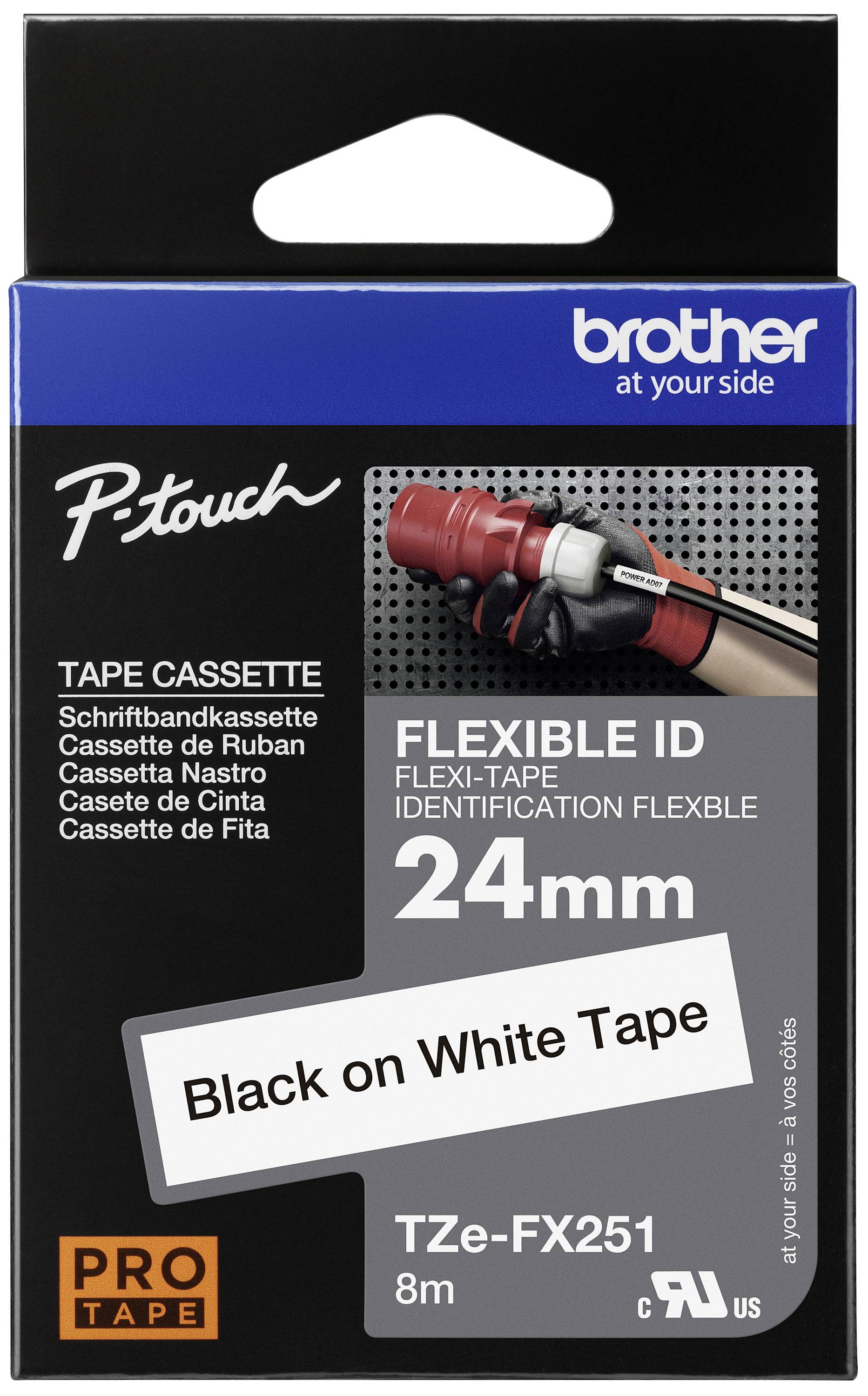 Černý tisk na bílé pásce, 24 mm 'Flexible ID' pro štítkovač, délka 8 m. Značka: Brother P-Touch.