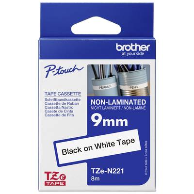 Kazeta se štítky Brother P-Touch, šířka 9 mm, nelaminovaná, černý tisk na bílém podkladu, délka 8 m. Obsahuje obrázek tužky.