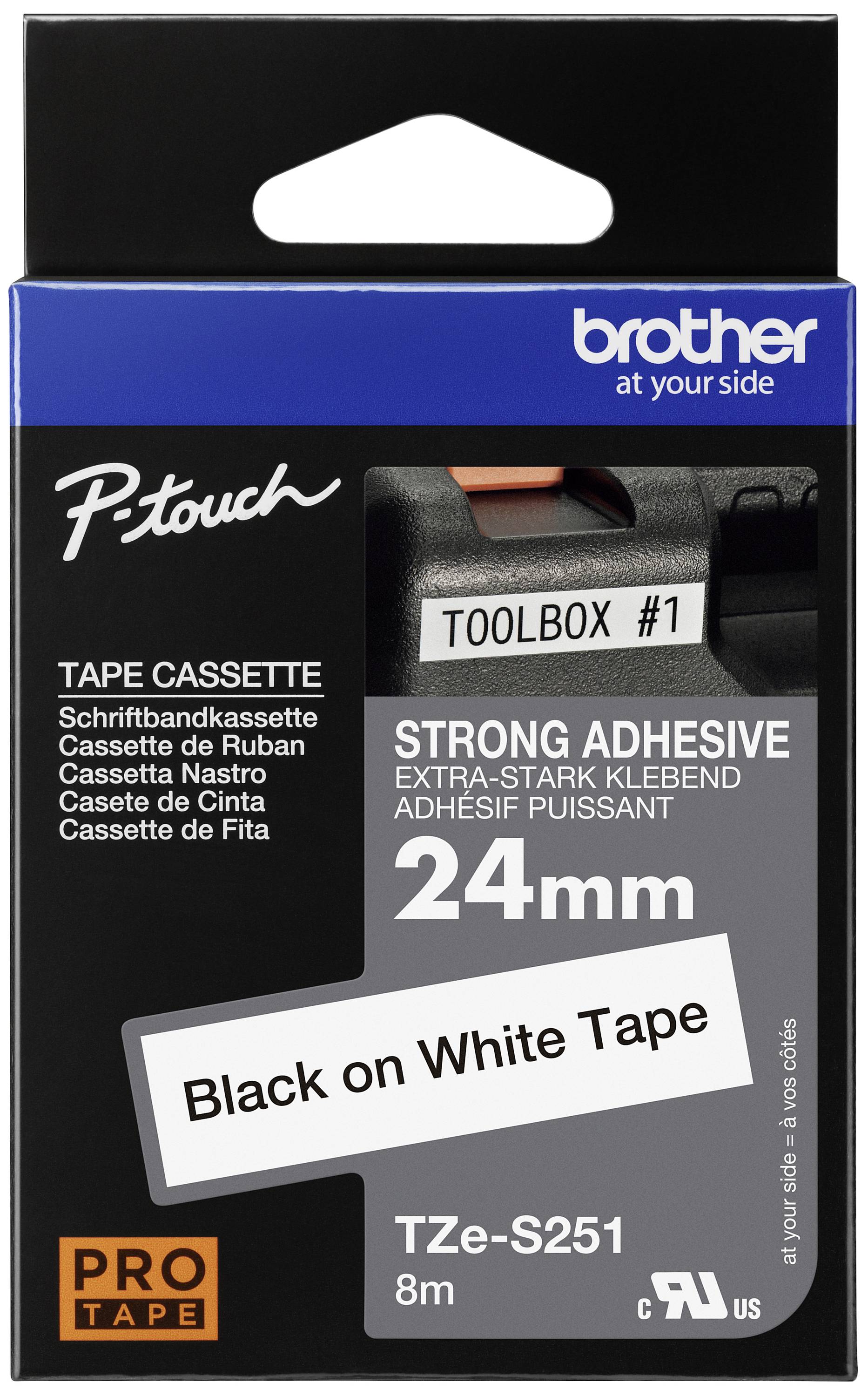 Černý tisk na bílém podkladu: 'TOOLBOX #1' a 'Černá na bílé pásce, 24mm, 8m'. Výrobce: Brother. Extra silně lepivé.