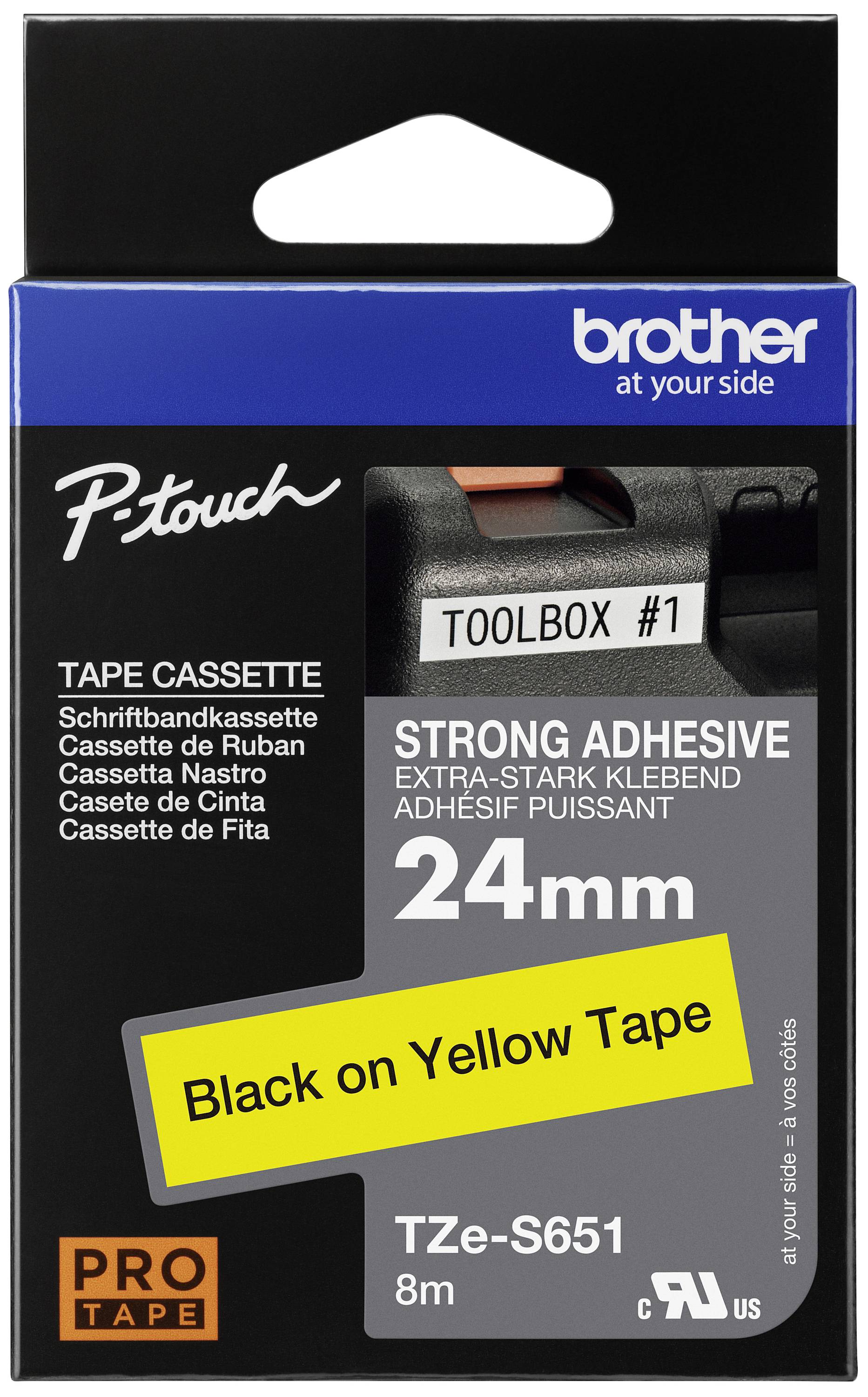 Produktová verze štítkové kazety Brother P-touch s vysoce lepivou páskou, šířka 24 mm, délka 8 m, černý tisk na žlutém podkladu.