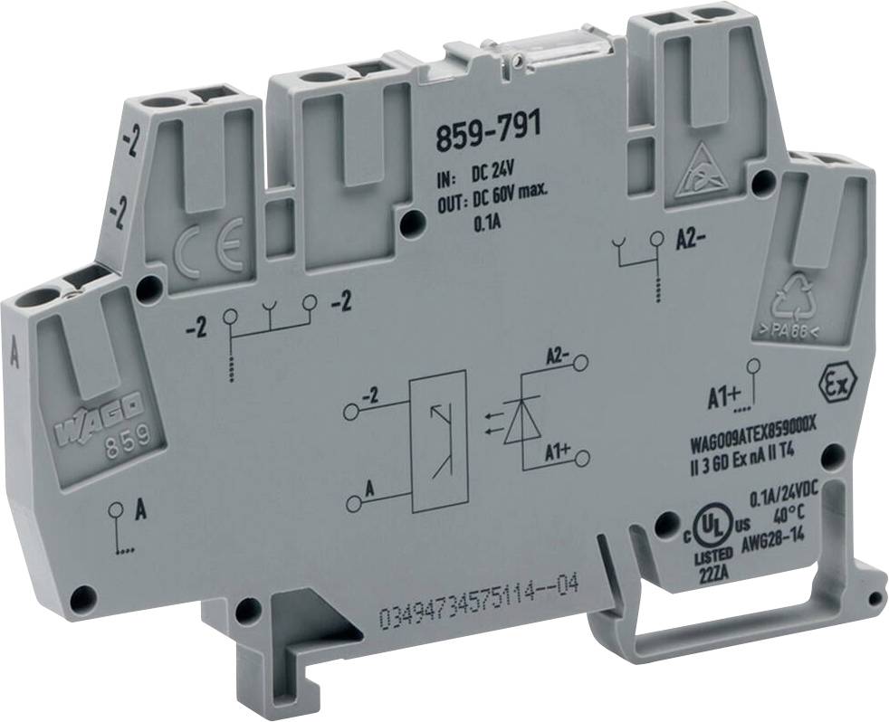WAGO 859 modul relé 859-791, zobrazující technické symboly a specifikace, včetně podrobností vstupního a výstupního napětí a certifikace UL.