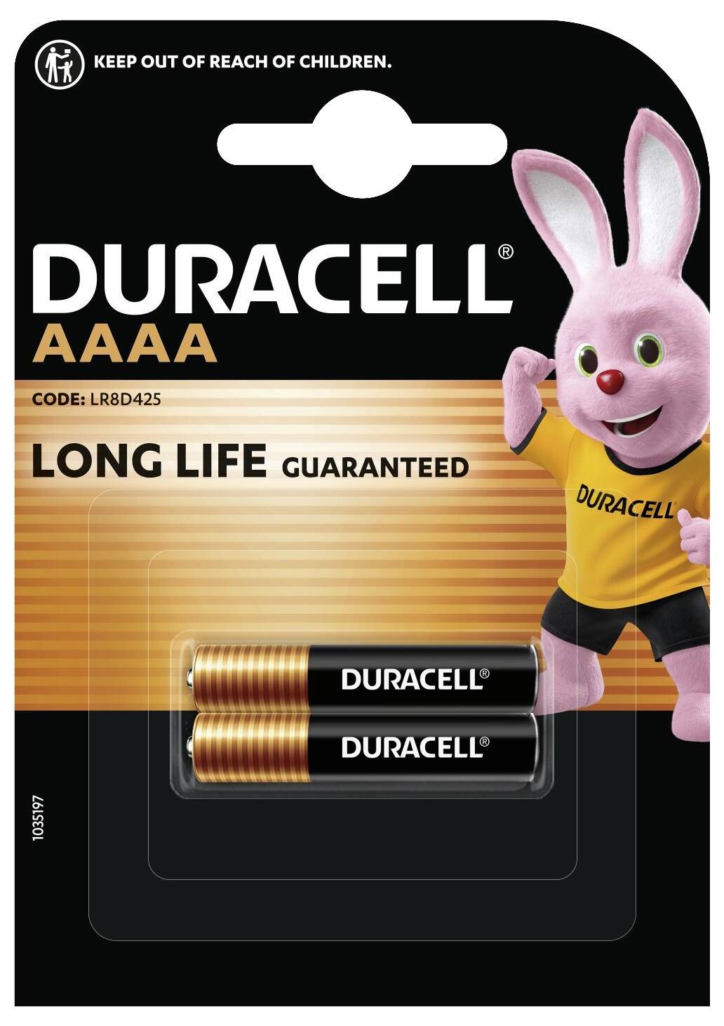Balení baterií Duracell AAAA se dvěma bateriemi, obsahující zajíce Duracell a slova "Garantovaná dlouhá životnost".