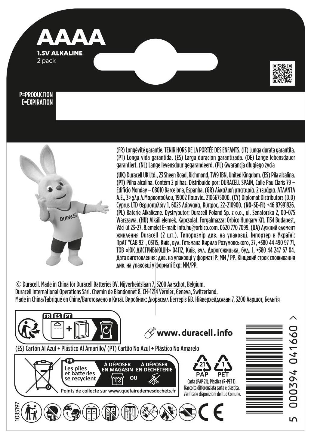 Balení „Duracell AAAA 1,5V alkalické baterie 2 kusy" zobrazující králíka Duracell a informace o produktu. Vyrobeno v Číně pro Duracell batteries BV.