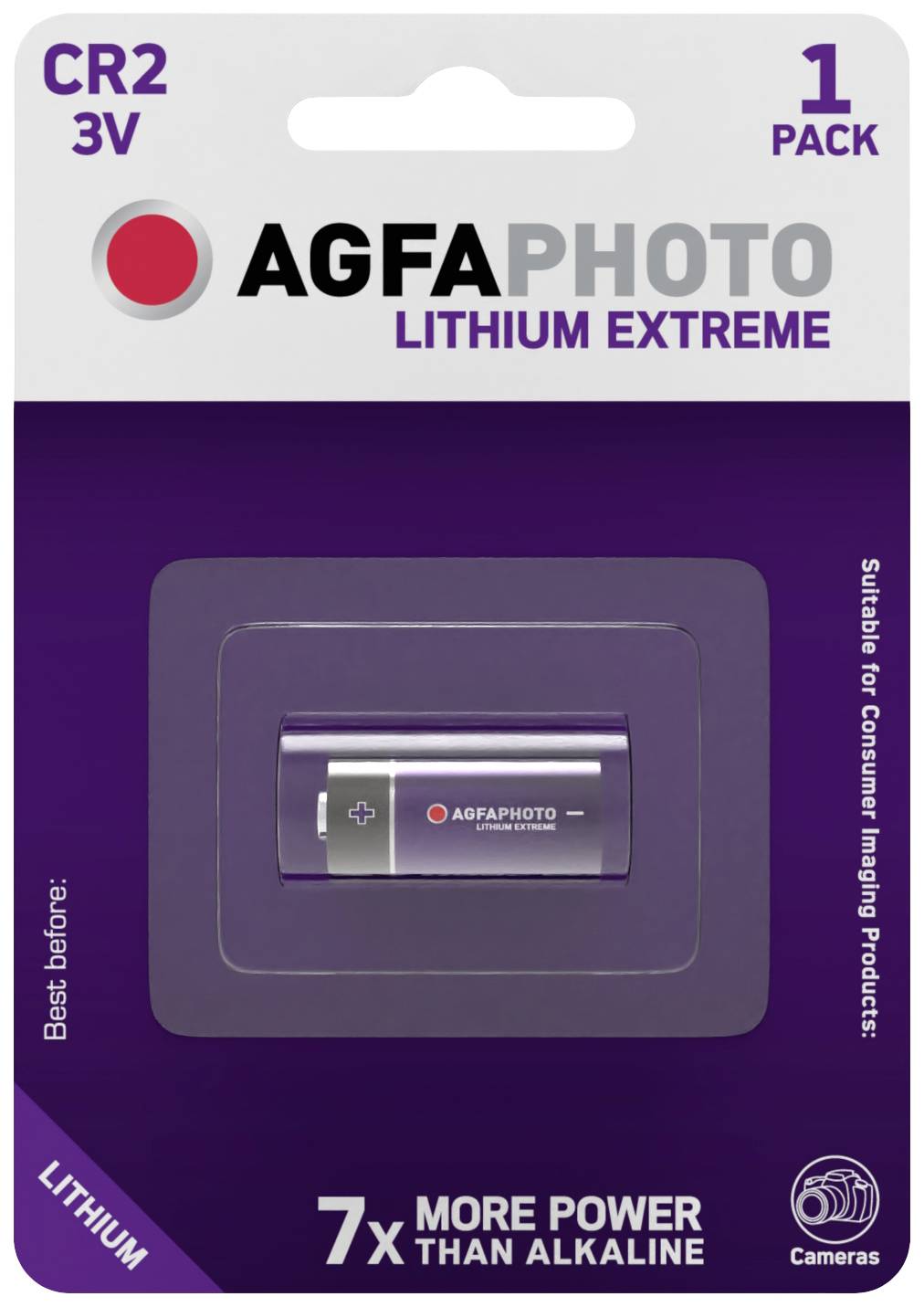 Balení lithiové baterie AGFAPHOTO CR2 3V, vhodné pro fotoaparáty. Zdůrazňuje vysoký výkon a dlouhou životnost ve srovnání s alkalickými bateriemi.
