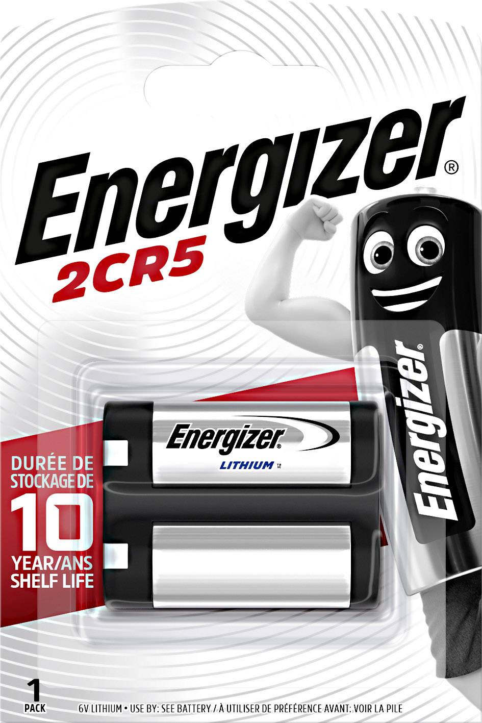 Energizer 2CR5 Bateriový balíček s komiksovou postavou. Text: '2CR5', '10 let trvanlivosti'. Lithiové baterie pro fotoaparáty.