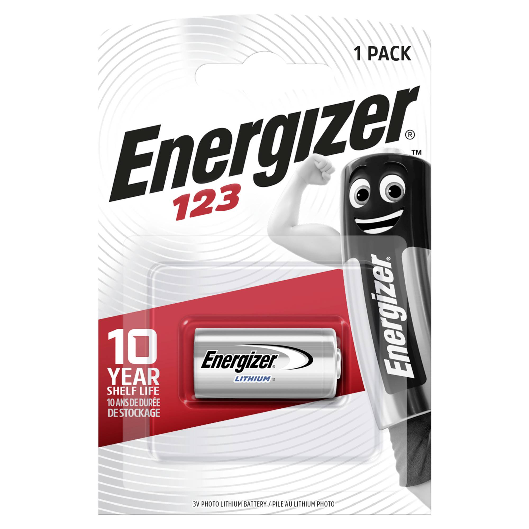 Energizer lithiová baterie typ 123 s úsměvem maskota na obalu. Text: "Výdrž až 10 let".