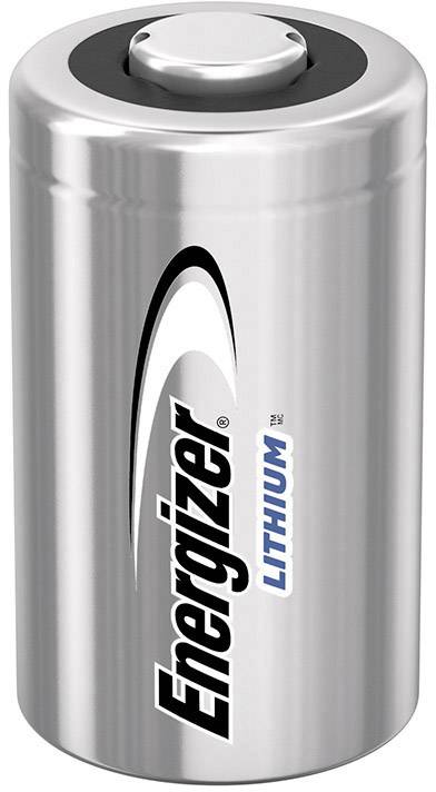 Stříbrná lithiová baterie značky Energizer, umístěná vertikálně, s černým a modrým textem.