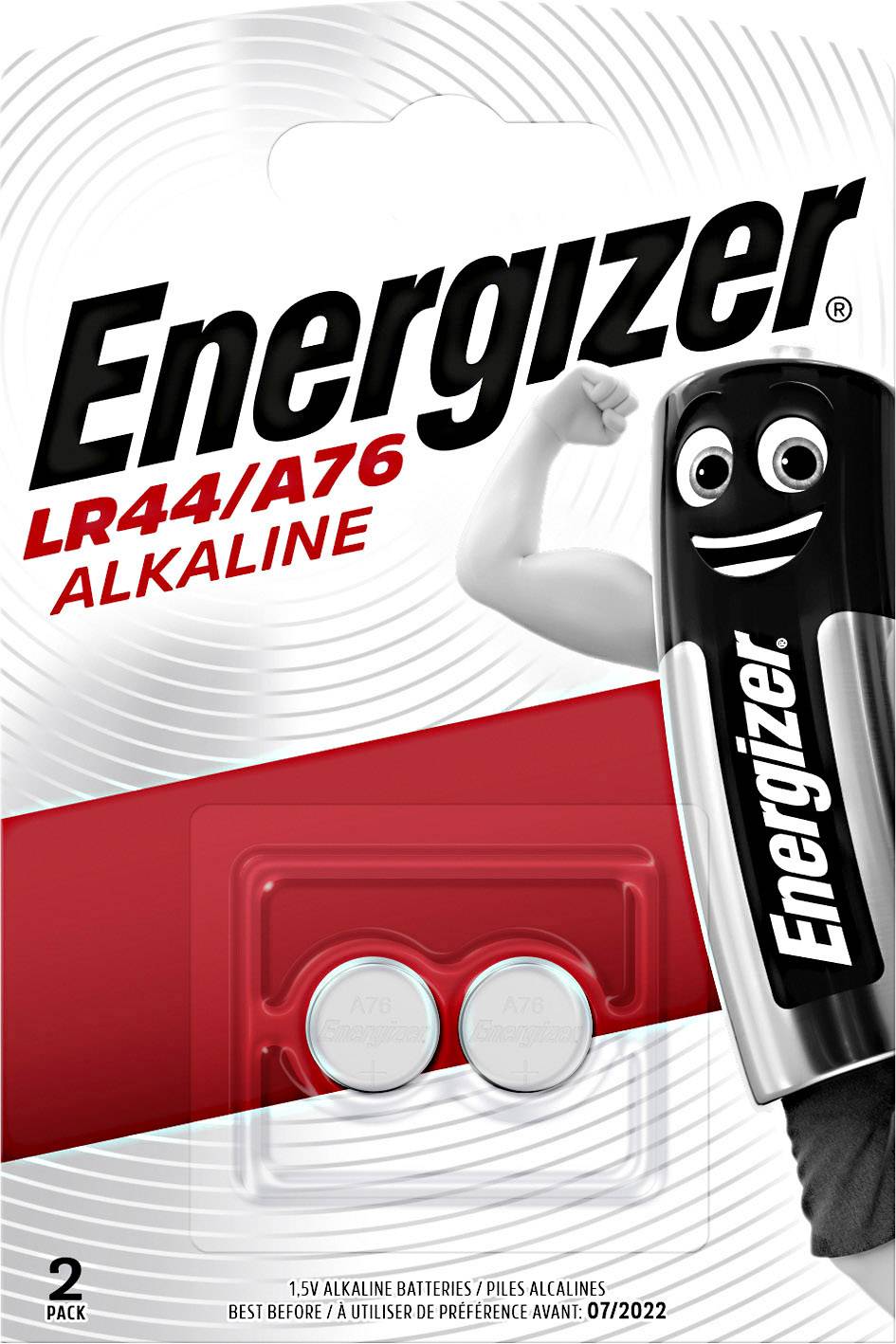 'Energizer LR44/A76 alkalické baterie v balení po dvou, obrázek zobrazuje baterie a maskota Energizeru.'