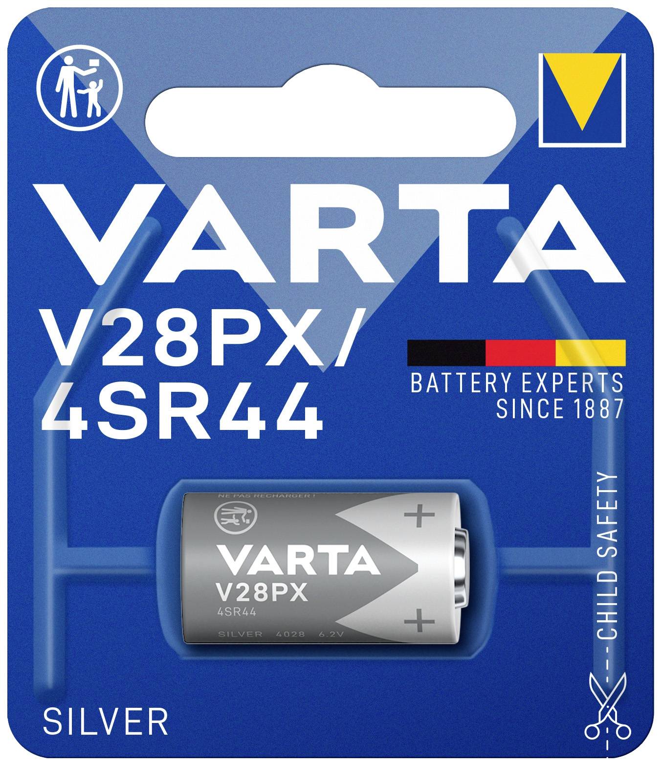 'VARTA V28PX/4SR44 baterie v originálním balení s dětskou pojistkou a v německých barvách. Odborník na baterie od roku 1887.'