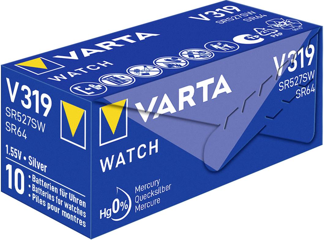 Bateriový balíček 'VARTA SR64 SW319', modrý obal, 10 kusů, bez obsahu rtuti, určený pro hodinky.