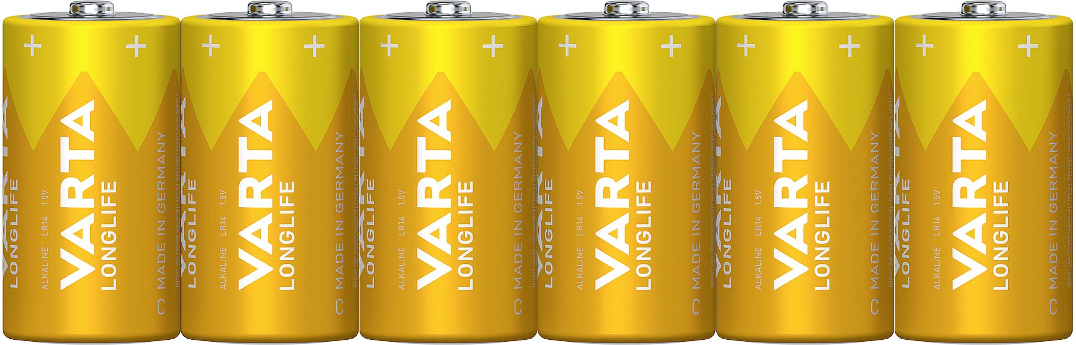 Šest žlutých baterií VARTA vedle sebe. Nápis 'VARTA LONGLIFE' je dobře viditelný. Baterie stojí svisle.