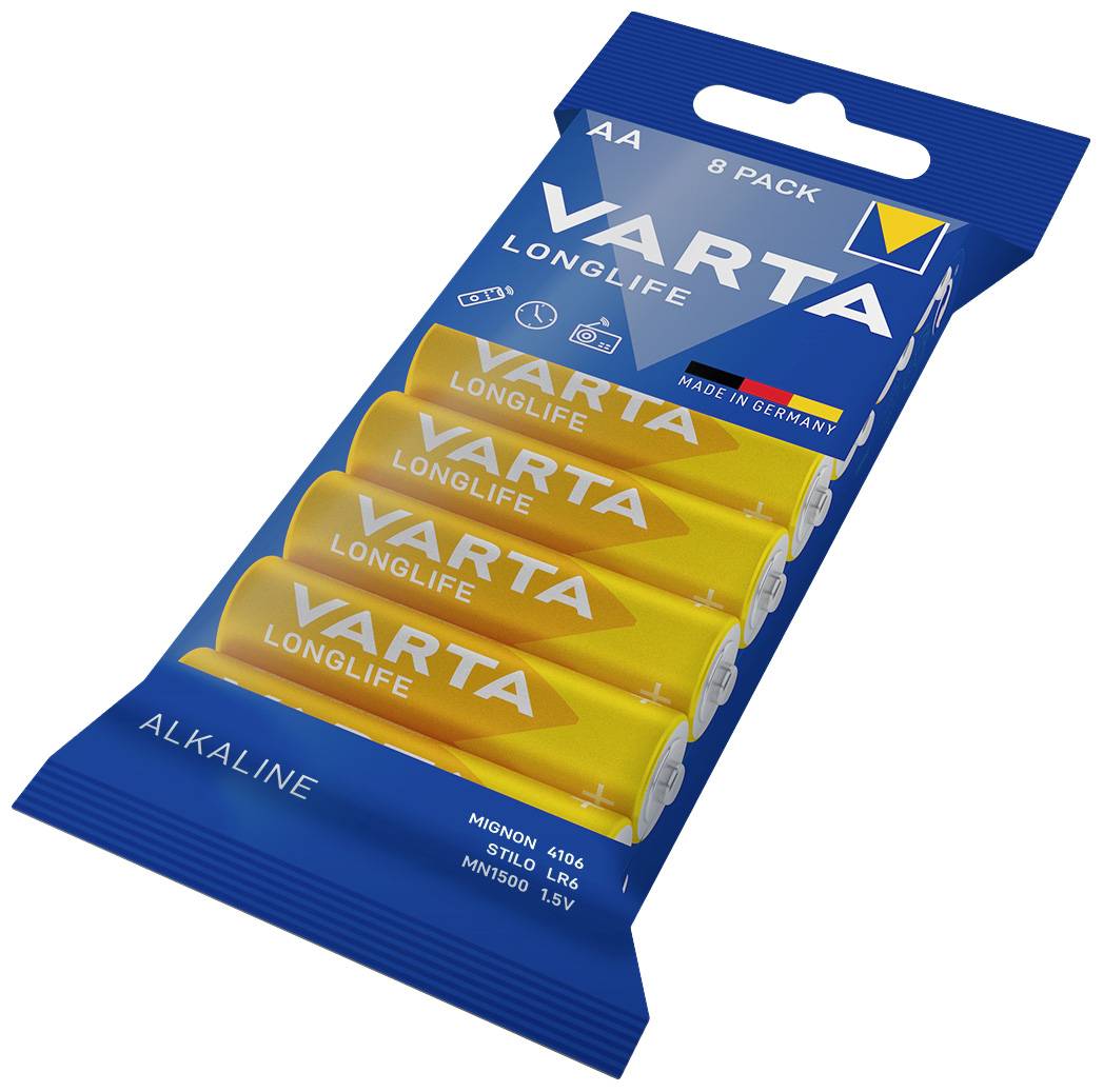 'Varta Longlife AA alkalické baterie, balení po 8 kusech. Žluto-modrý design, vyrobeno v Německu. Vhodné pro mnoho zařízení.'