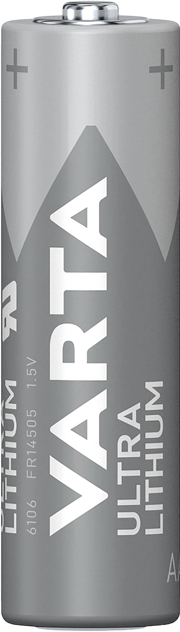 Šedá lithiová baterie s nápisem 'VARTA ULTRA LITHIUM'; stříbrné tělo s plus a minus symboly, velikost AA.