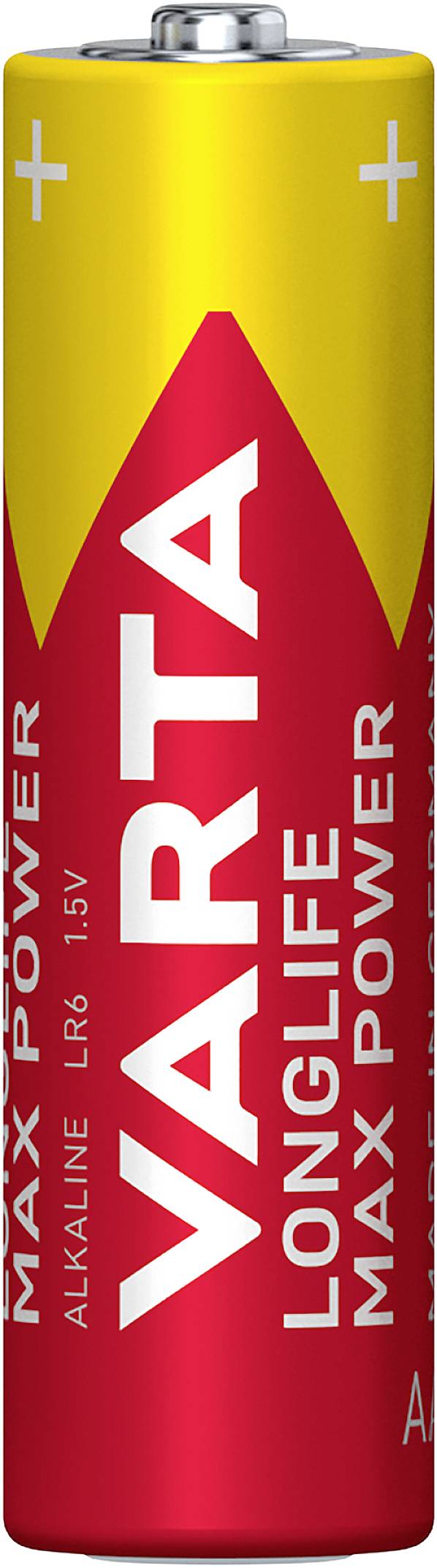 Žluté a červené baterie VARTA AA s nápisem 'MAX POWER' a 'LONGLIFE'. Alkalické, 1,5V.