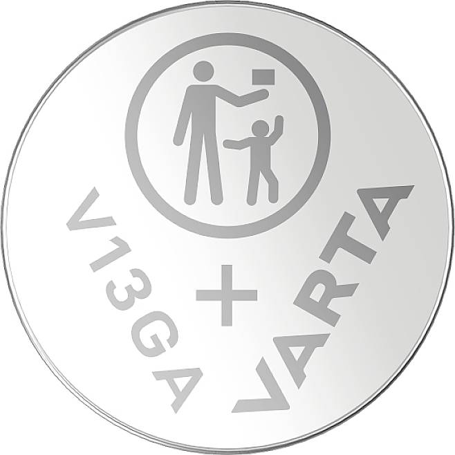 Baterie VARTA V13GA s kladným pólem, symbol dospělého s dítětem, varuje před spolknutím.