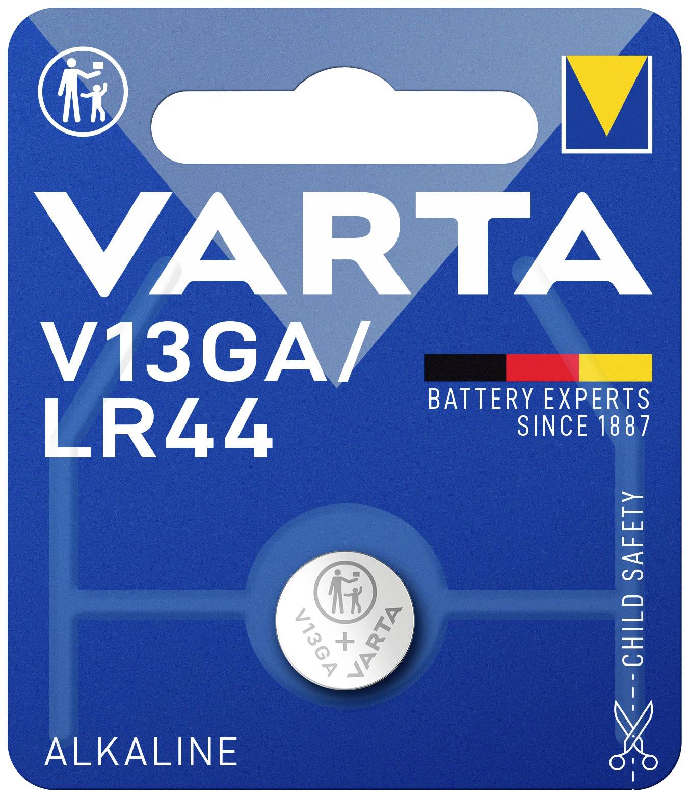Alkalická knoflíková baterie Varta V13GA/LR44 v blistrovém balení. Označeno jako dětsky bezpečné. Text: 'Odborníci na baterie od roku 1887'.