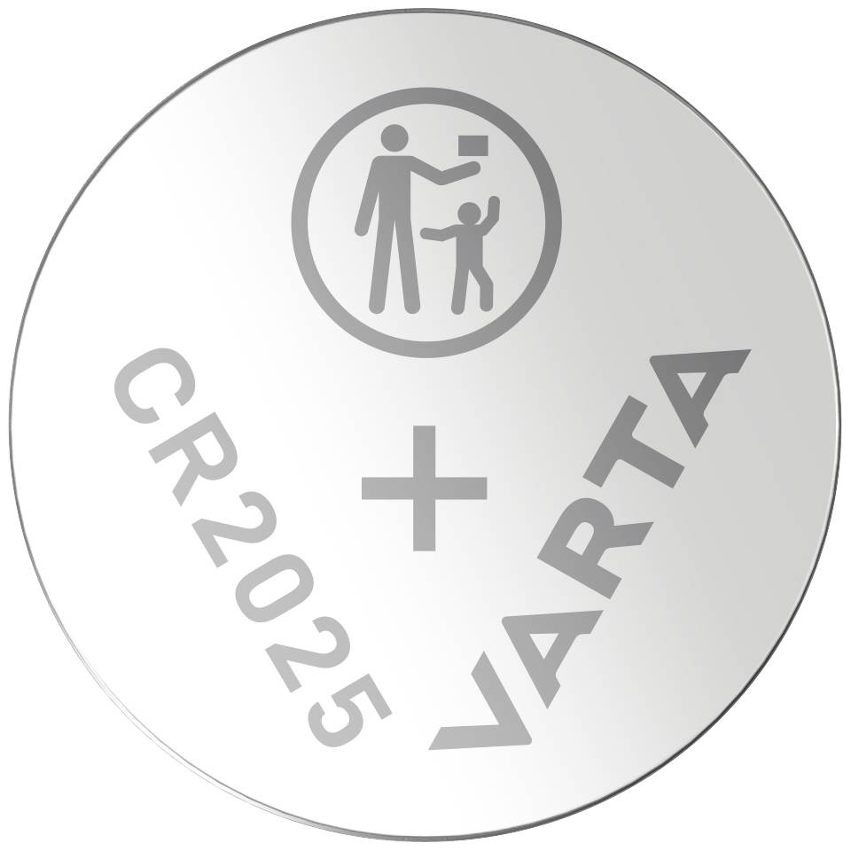 Stříbrná knoflíková baterie s textovým potiskem 'CR2025' a 'VARTA'. Vyobrazený symbol varující před dosažitelností pro děti.