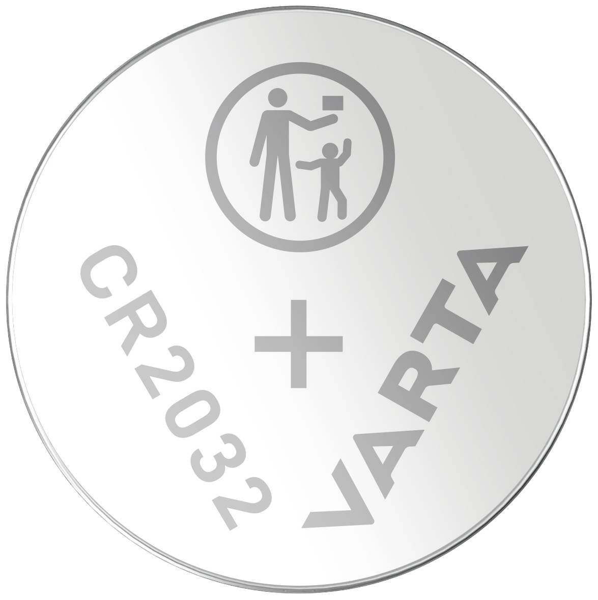 Stříbrná knoflíková baterie s nápisem "CR2032", "+" a "VARTA". Nahoře symbol znázorňující bezpečné zacházení.