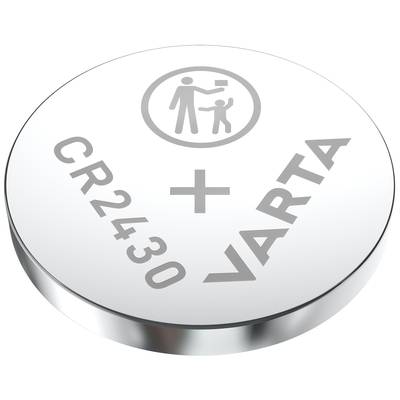 Kulatá stříbrná knoflíková baterie s nápisem 'CR2430' a 'VARTA', symbol směrnice o likvidaci nahoře.