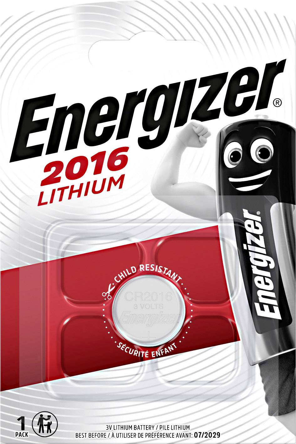Energizer knoflíková baterie 2016 Lithium, dětsky bezpečný design, 3 V, trvanlivost do 07/2029, 1 kus.