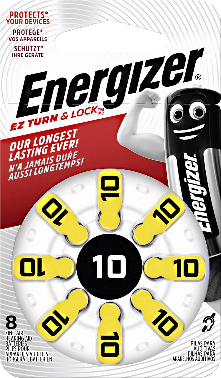 Energizer bateriový balíček s designem 'EZ Turn & Lock' pro snadnou manipulaci. Text: 'Náš nejtrvanlivější produkt.' Obsahuje 8 baterií.