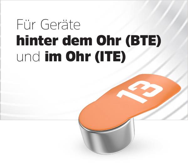 Pro sluchové přístroje za uchem (BTE) a ve zvukovodu (ITE) zobrazuje oranžový symbol baterie pro naslouchátka číslo 13.