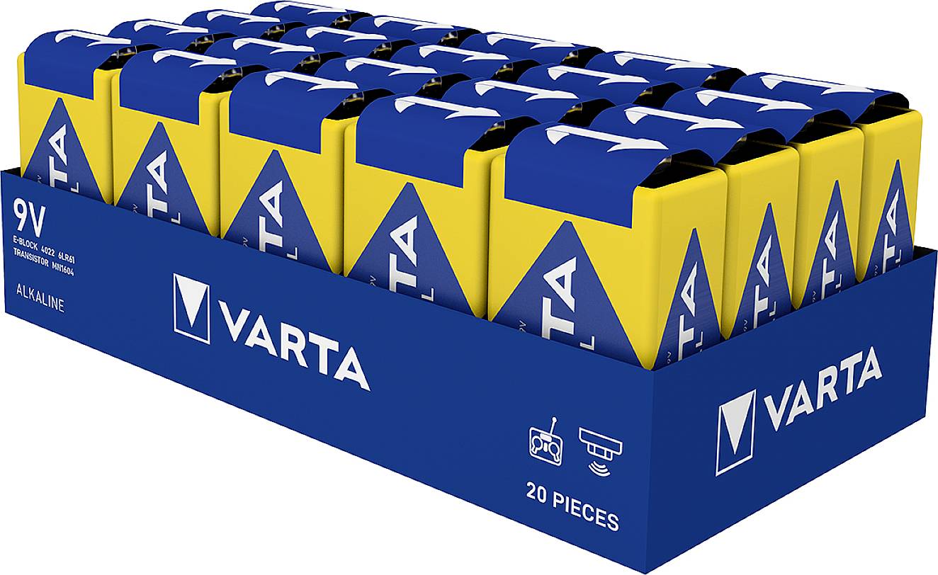 Balení obsahující dvacet 9V alkalických baterií VARTA, vhodných pro detektory kouře a kamery.
