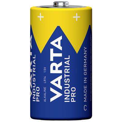 Alkalická baterie LR14 1,5V od Varty, průmyslová kvalita, vyrobeno v Německu, modro-žlutý design.