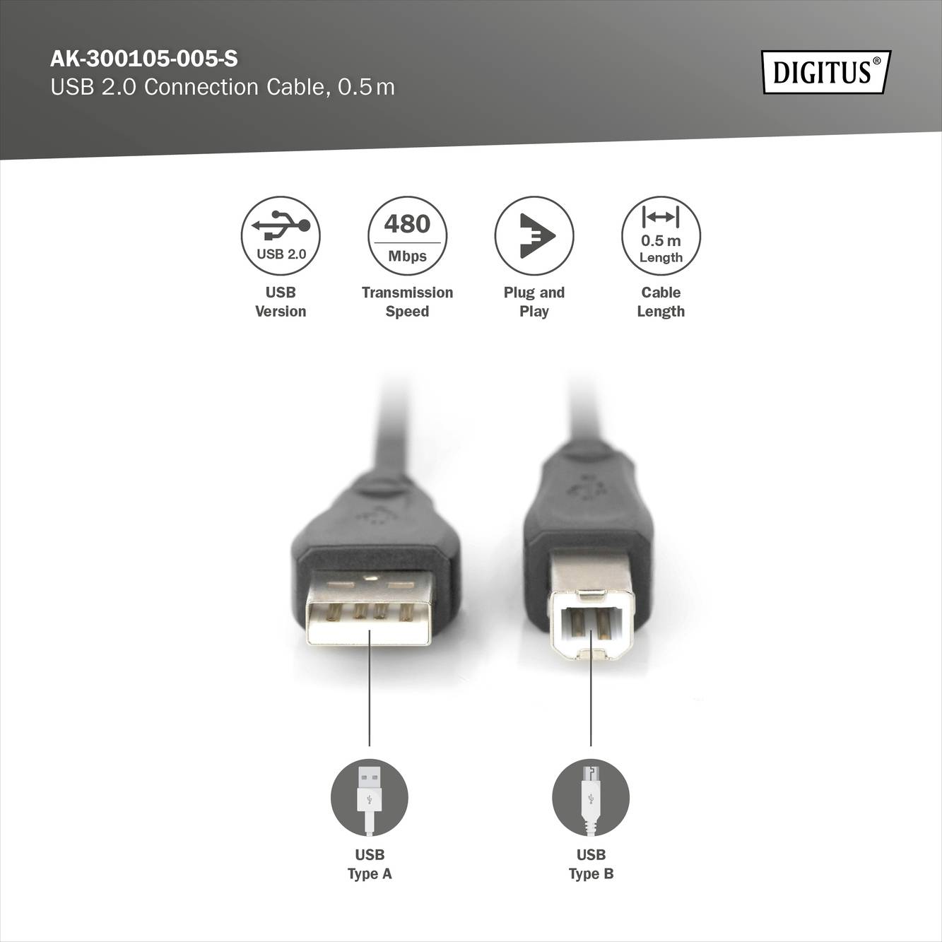 USB 2.0 propojovací kabel, 0,5 m. Přenosová rychlost 480 Mbps, plug and play, délka kabelu 0,5 m. USB typ A na USB typ B.