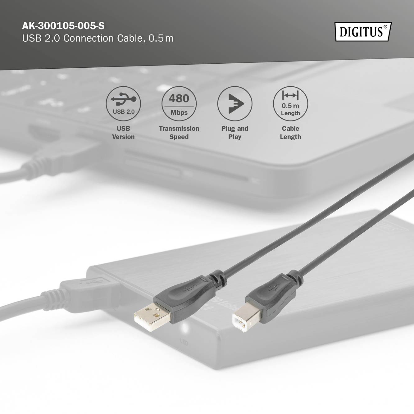 USB 2.0 propojovací kabel, 0,5 metru, černý kabel se stříbrnými koncovkami, vhodný pro datový přenos až 480 Mbps.