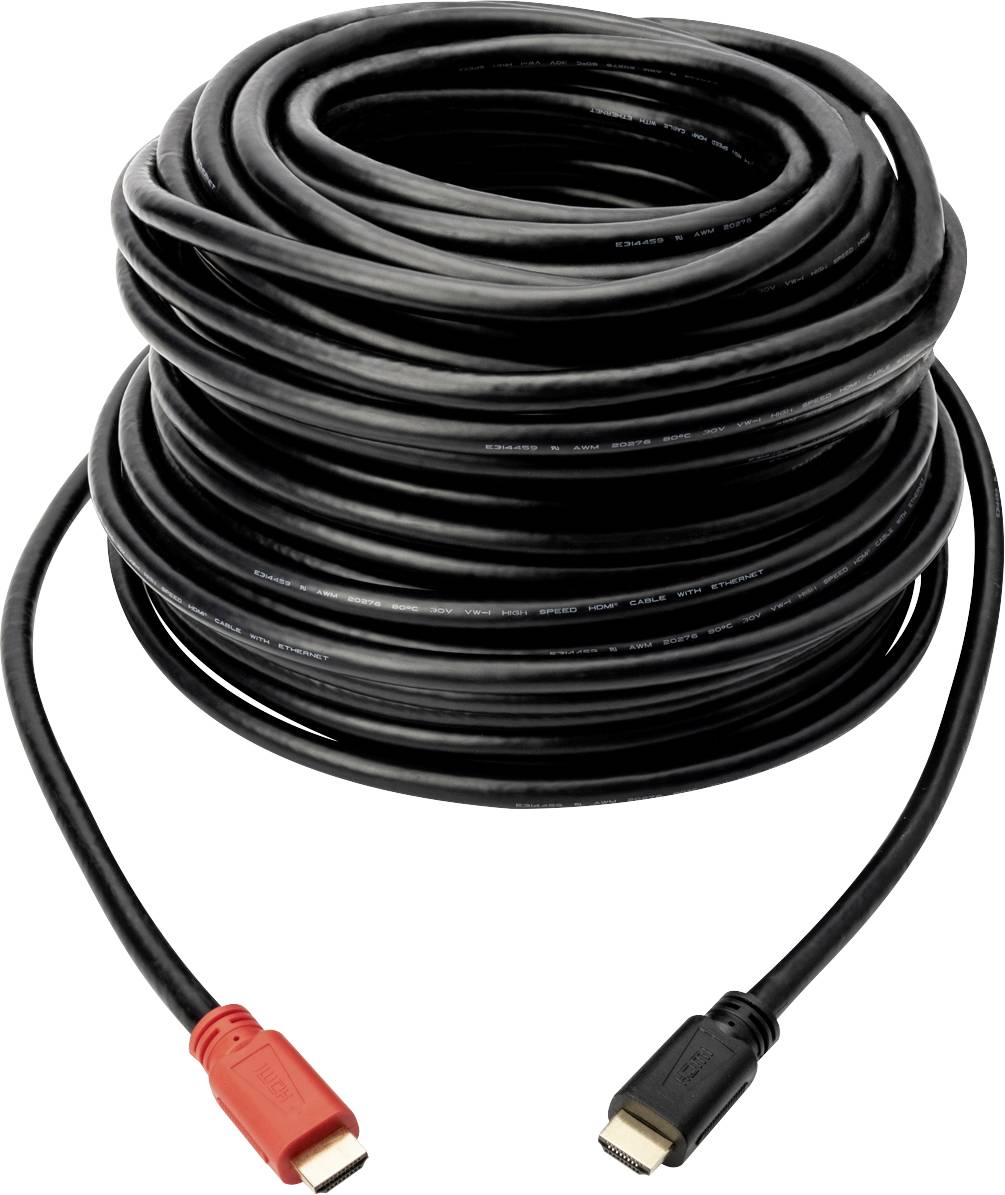 Dlouhý, svinutý HDMI kabel s červenými a černými konektory.
