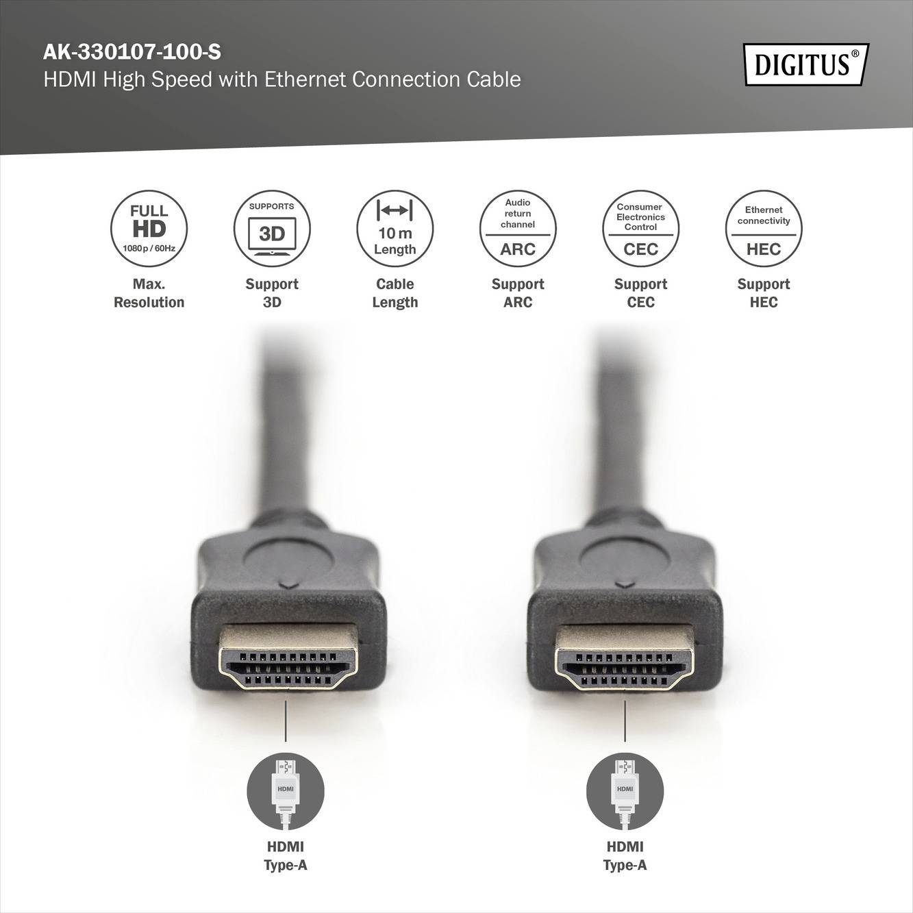 Dva HDMI kabely typ A, podporující 3D, Ethernet, Audio Return Channel, Consumer Electronics Control. Délka 10 m, Full HD. Značka: Digitus.