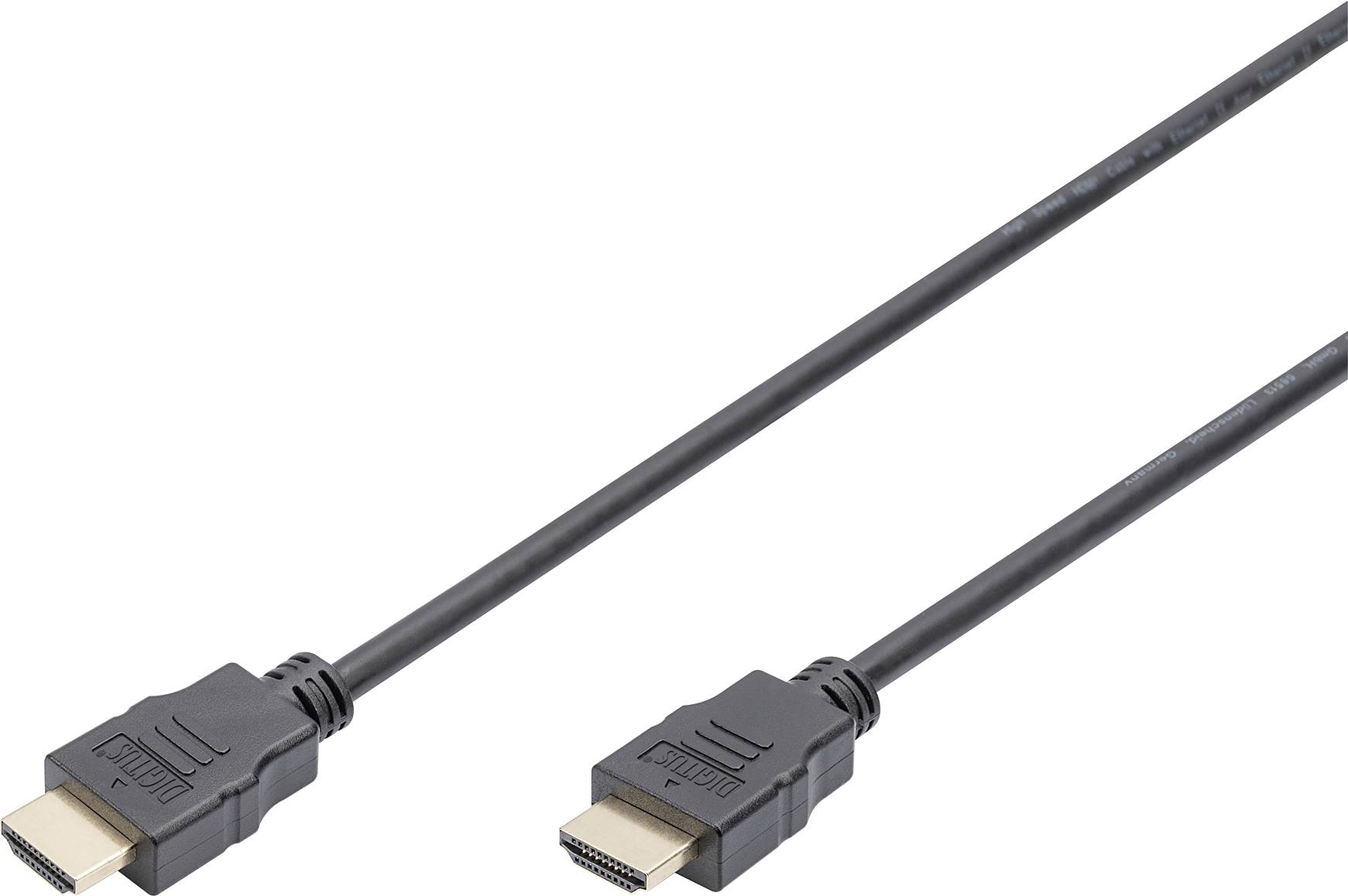 Dva černé konektory HDMI na koncích tenkého kabelu, zobrazené na bílém pozadí.