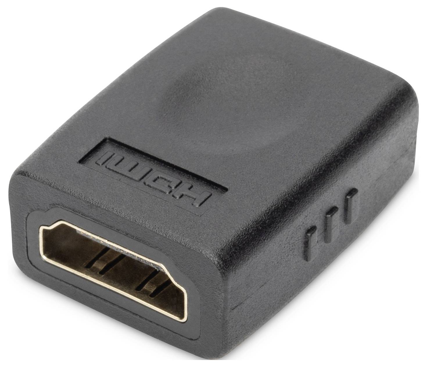 Černý HDMI adaptér s HDMI zdířkou, vhodný pro propojení dvou HDMI kabelů.