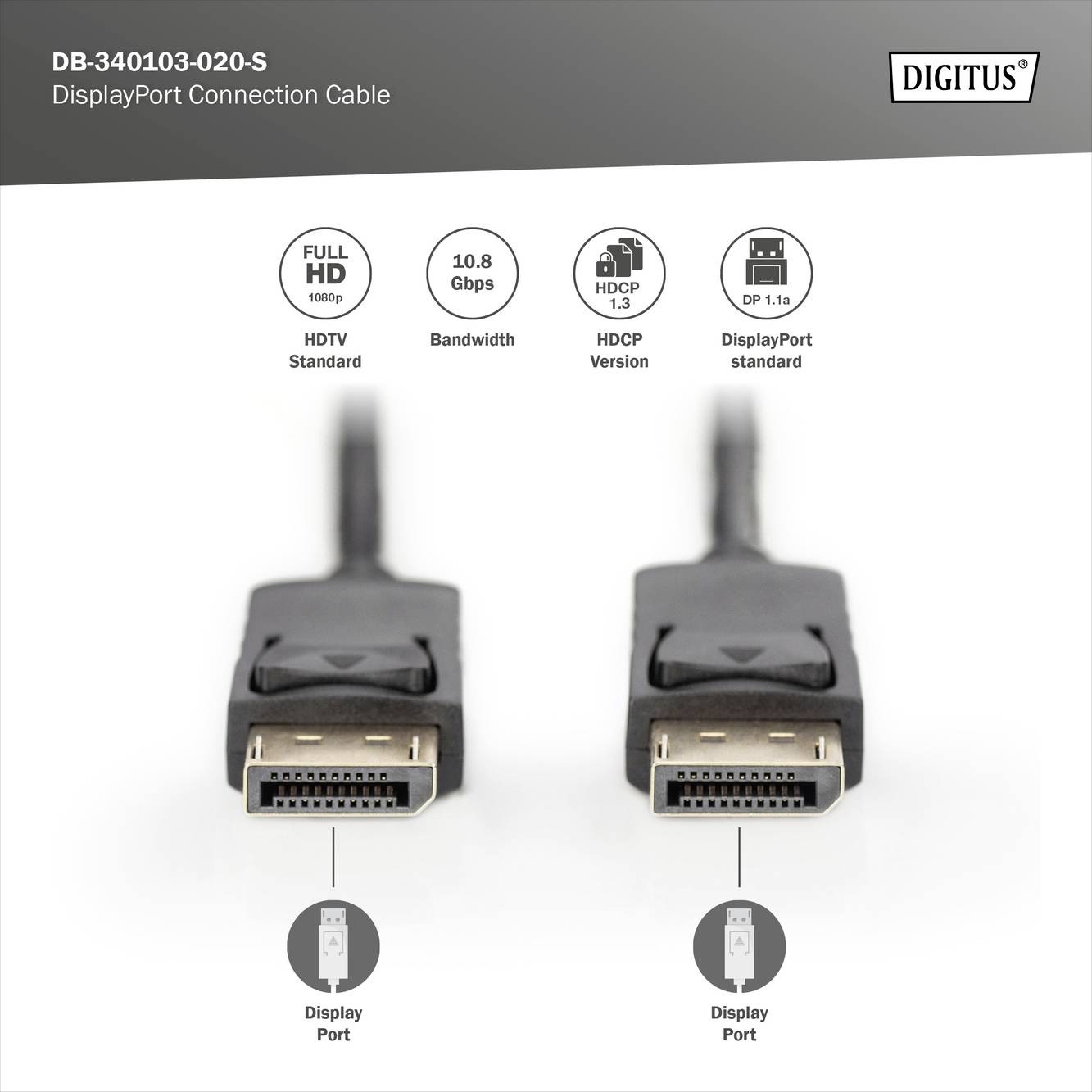 DisplayPort kabel značky DIGITUS, modelové číslo DB-340103-020-S, podporuje Full HD, šířku pásma 10,8 Gbps, HDCP a DP 1.1a.