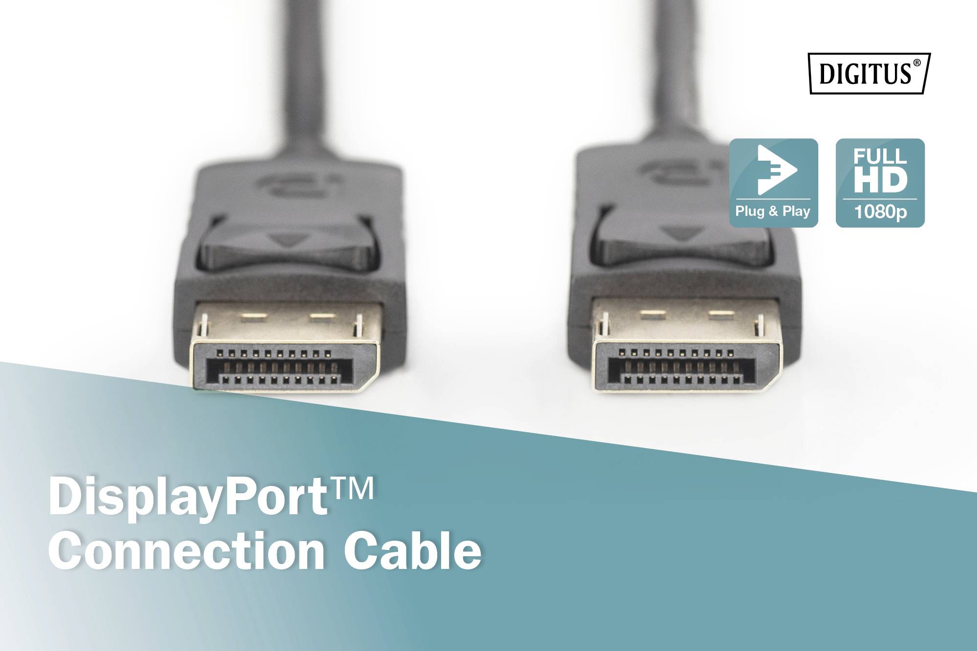 Dva DisplayPort konektorové kabely v detailním záběru, s textem 'DisplayPort™ propojovací kabel', 'Plug & Play' a 'Full HD 1080p'.
