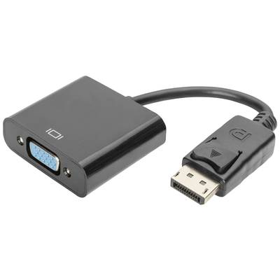Černý adaptér s konektorem DisplayPort na jedné straně a VGA portem na straně druhé.