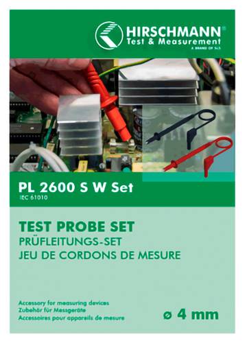 Sada testovacích hrotů Hirschmann Test & Measurement se zobrazuje na obalu se červenými a černými měřícími hroty, označená "PL 2600 S W Set" a "TEST PROBE SET" s 4 mm hroty.