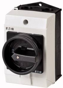 Bílý, pravoúhlý odpínač od společnosti Eaton s velkým černým ovládacím otočným knoflíkem pro řízení elektrických zařízení.