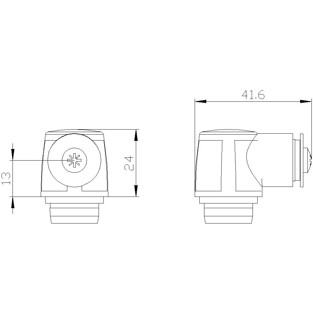 Technický výkres kónické trysky s rozměry: 13 mm výška, 24 mm šířka, 41,6 mm délka. Boční a čelní pohled.