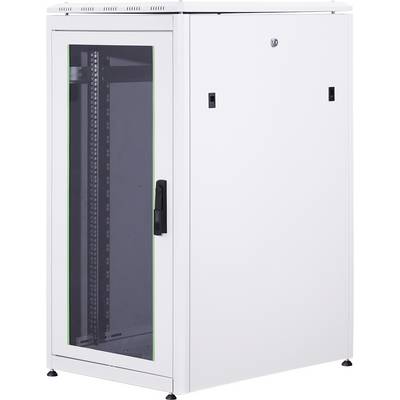 Bílá serverová skříň se skleněnými dveřmi, vertikálními lištami a větracími otvory, vhodná pro serverové vybavení.