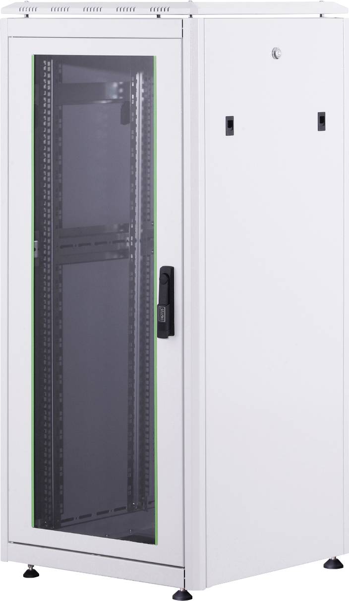 Moderní bílá serverová skříň se skleněnými dvířky a černým rámem určená pro ukládání síťového vybavení.