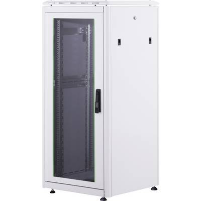 Moderní bílá serverová skříň se skleněnými dvířky a černým rámem určená pro ukládání síťového vybavení.