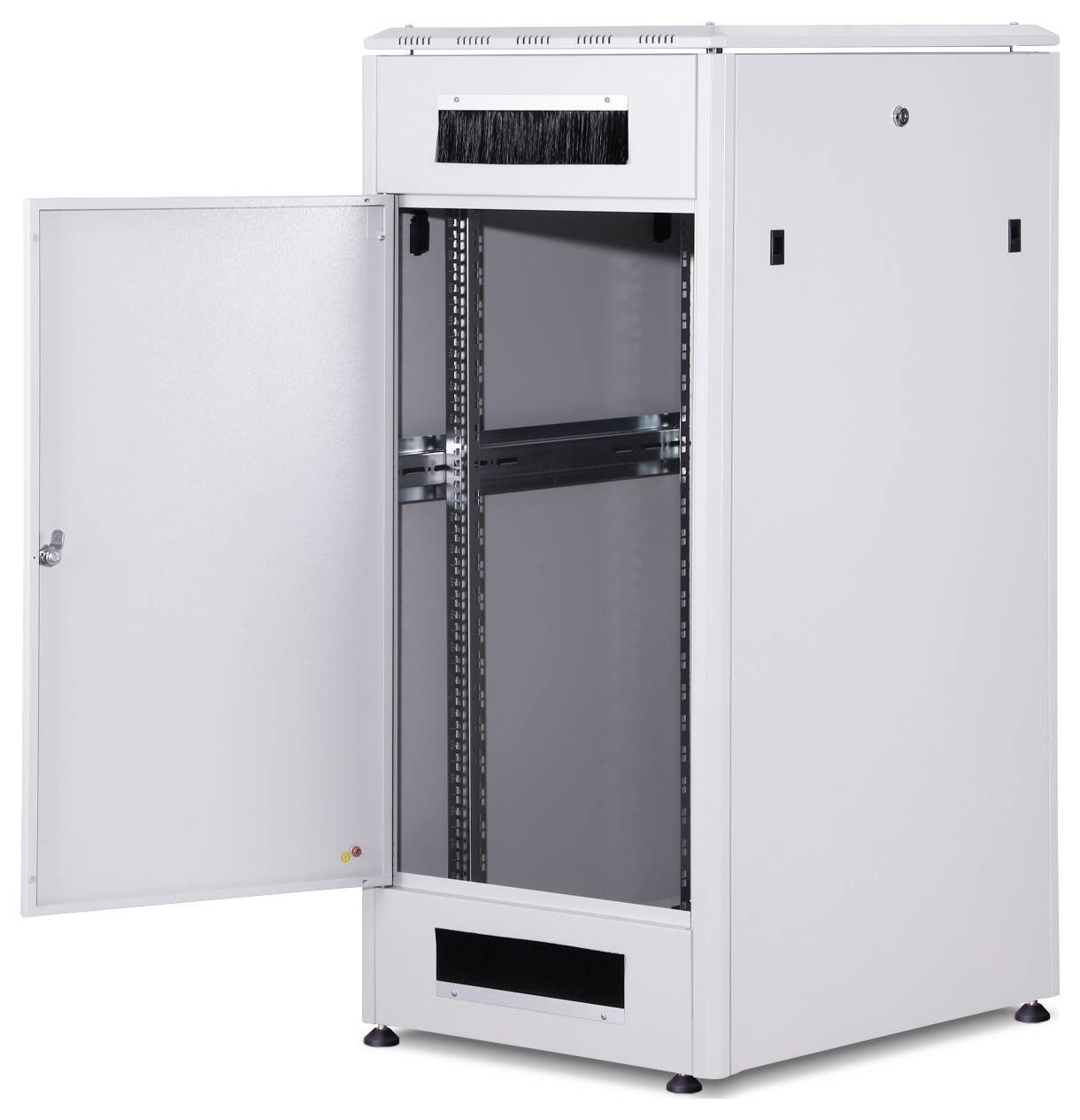 Otevřená serverová skříň ukazuje prázdné lišty pro rack a větrací prvky uvnitř bílého kovového pouzdra.